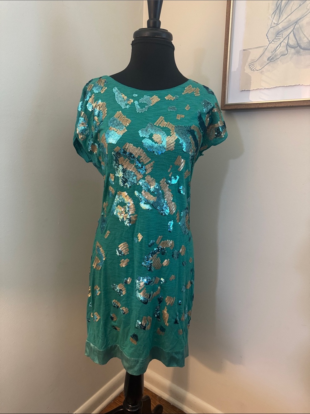 HALE BOB Green Jersey Sequin Shift Dress XSmall